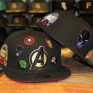 Marvel Avengers 60th Anniversary Black Snapback Hat Lids Exclusive All Over Patc